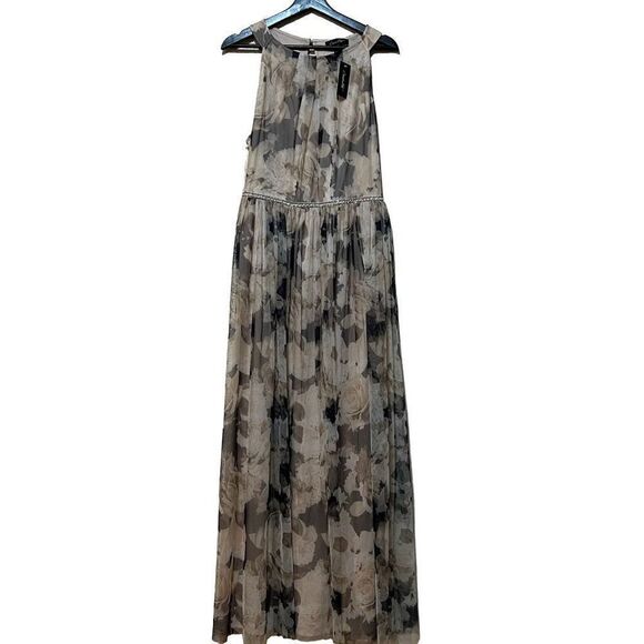 Candalite Ivory Cream Dark Floral beaded belt Maxi Dress XL - Picture 1 of 6